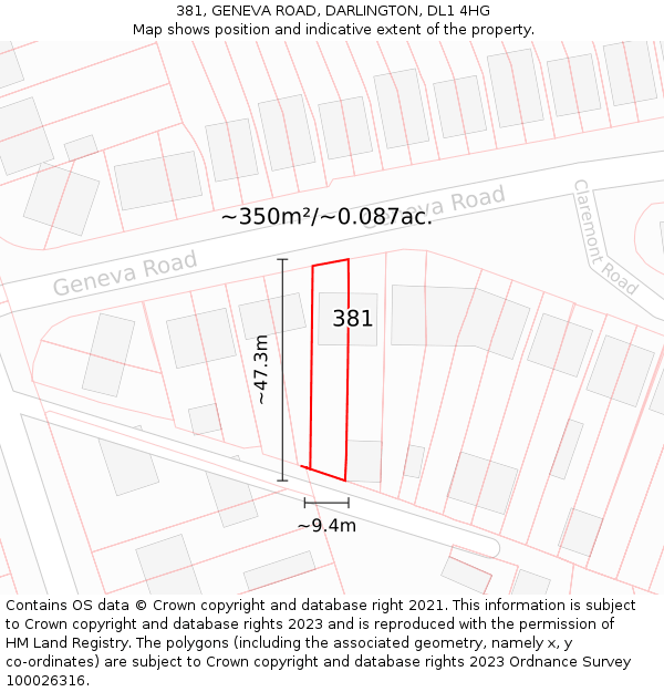 381, GENEVA ROAD, DARLINGTON, DL1 4HG: Plot and title map