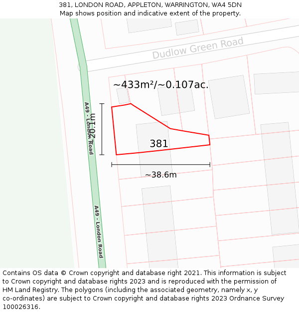 381, LONDON ROAD, APPLETON, WARRINGTON, WA4 5DN: Plot and title map