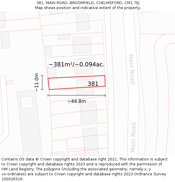 381, MAIN ROAD, BROOMFIELD, CHELMSFORD, CM1 7EJ: Plot and title map