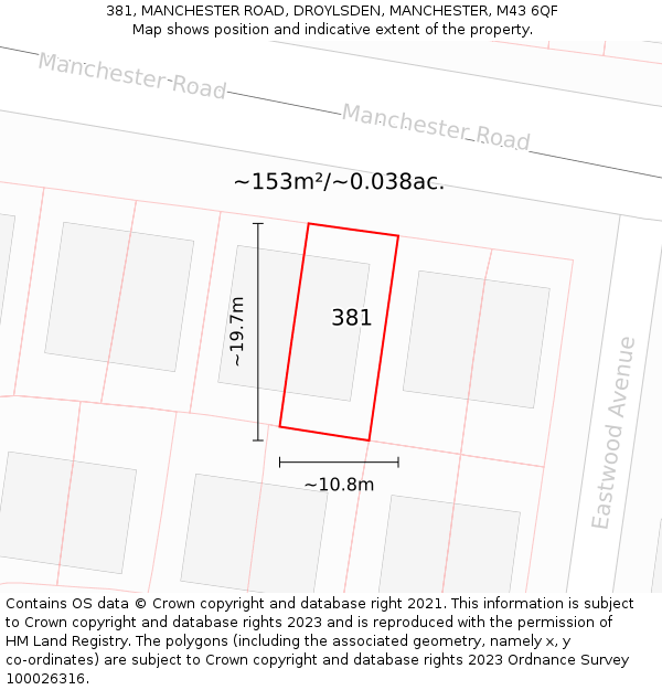 381, MANCHESTER ROAD, DROYLSDEN, MANCHESTER, M43 6QF: Plot and title map