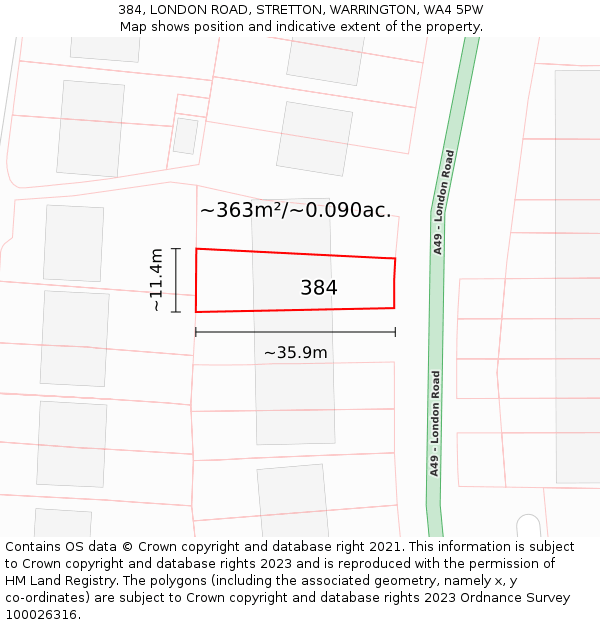 384, LONDON ROAD, STRETTON, WARRINGTON, WA4 5PW: Plot and title map
