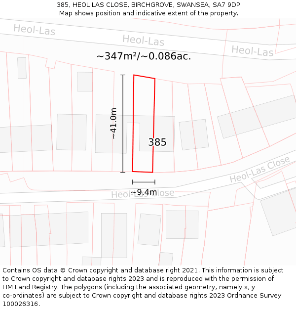 385, HEOL LAS CLOSE, BIRCHGROVE, SWANSEA, SA7 9DP: Plot and title map