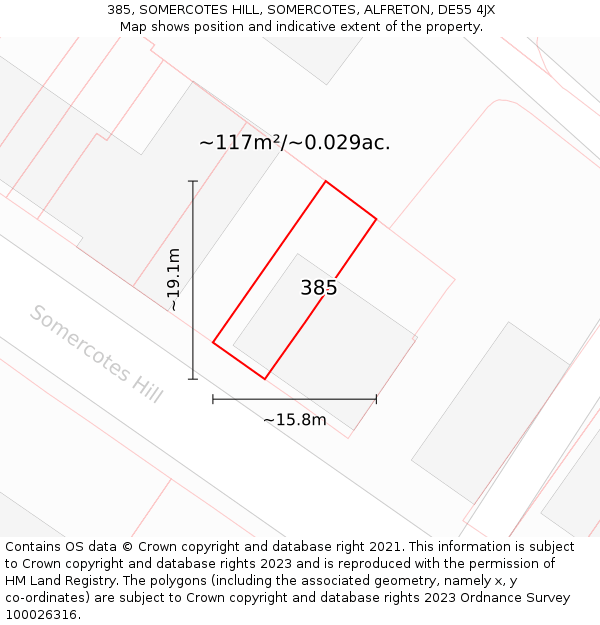 385, SOMERCOTES HILL, SOMERCOTES, ALFRETON, DE55 4JX: Plot and title map