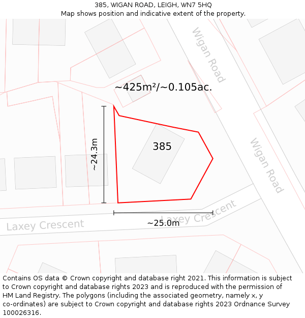 385, WIGAN ROAD, LEIGH, WN7 5HQ: Plot and title map