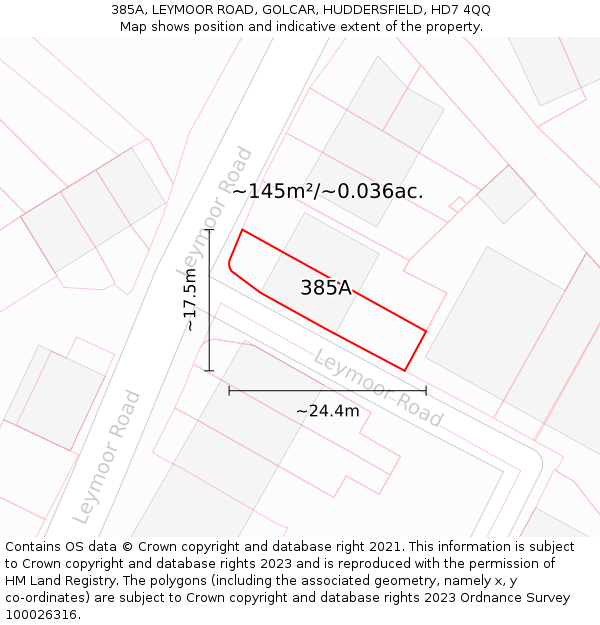 385A, LEYMOOR ROAD, GOLCAR, HUDDERSFIELD, HD7 4QQ: Plot and title map