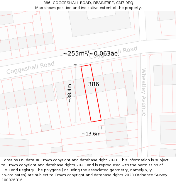 386, COGGESHALL ROAD, BRAINTREE, CM7 9EQ: Plot and title map