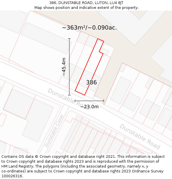 386, DUNSTABLE ROAD, LUTON, LU4 8JT: Plot and title map
