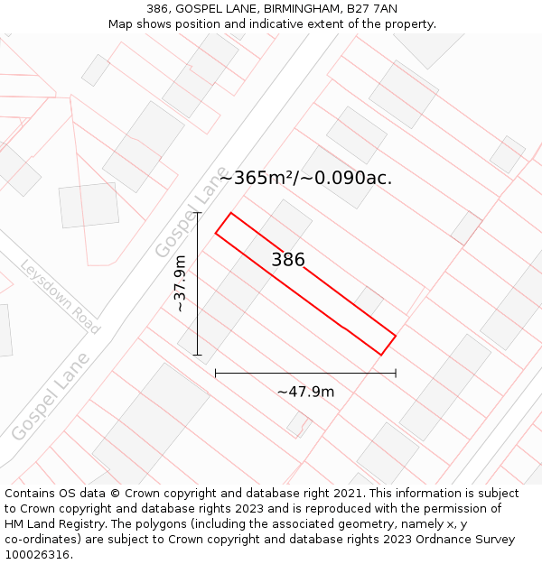 386, GOSPEL LANE, BIRMINGHAM, B27 7AN: Plot and title map