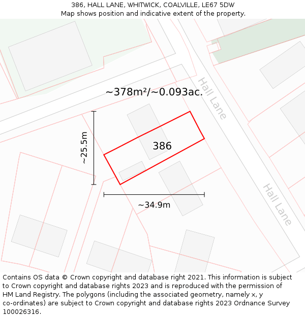 386, HALL LANE, WHITWICK, COALVILLE, LE67 5DW: Plot and title map