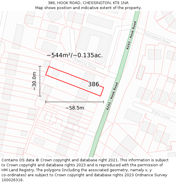 386, HOOK ROAD, CHESSINGTON, KT9 1NA: Plot and title map