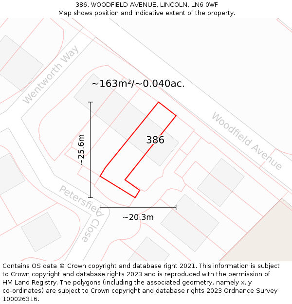 386, WOODFIELD AVENUE, LINCOLN, LN6 0WF: Plot and title map