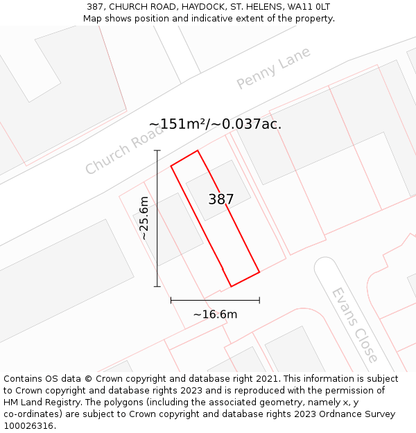 387, CHURCH ROAD, HAYDOCK, ST. HELENS, WA11 0LT: Plot and title map