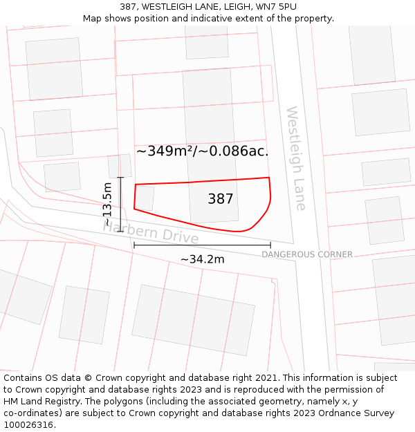 387, WESTLEIGH LANE, LEIGH, WN7 5PU: Plot and title map