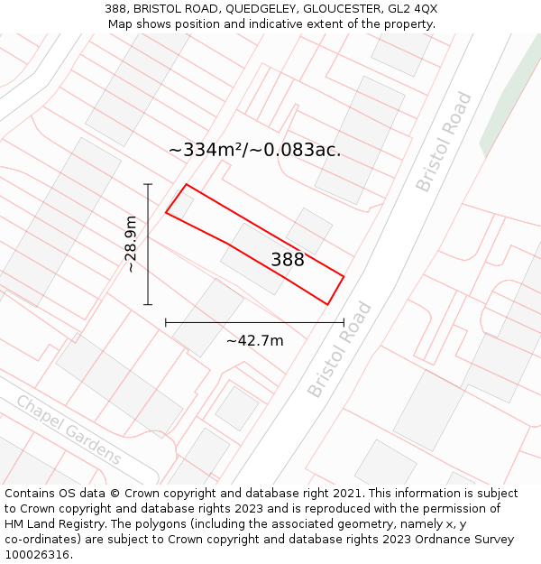 388, BRISTOL ROAD, QUEDGELEY, GLOUCESTER, GL2 4QX: Plot and title map