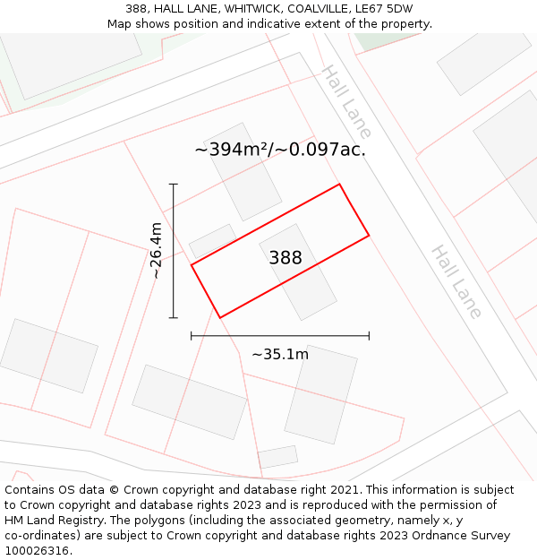388, HALL LANE, WHITWICK, COALVILLE, LE67 5DW: Plot and title map