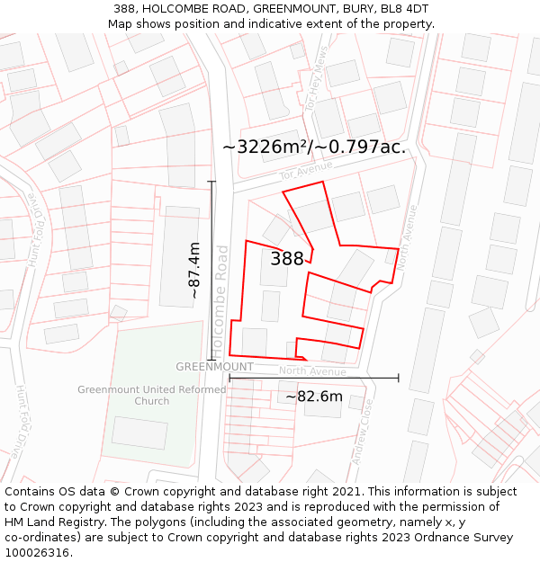 388, HOLCOMBE ROAD, GREENMOUNT, BURY, BL8 4DT: Plot and title map