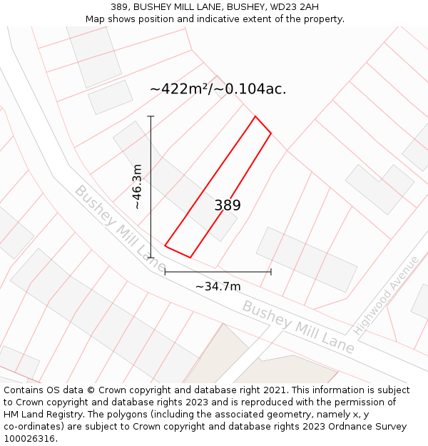 389, BUSHEY MILL LANE, BUSHEY, WD23 2AH: Plot and title map