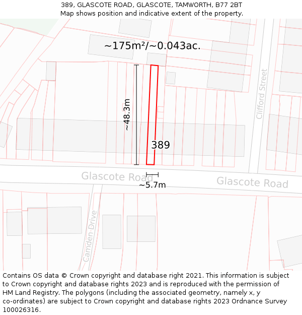 389, GLASCOTE ROAD, GLASCOTE, TAMWORTH, B77 2BT: Plot and title map