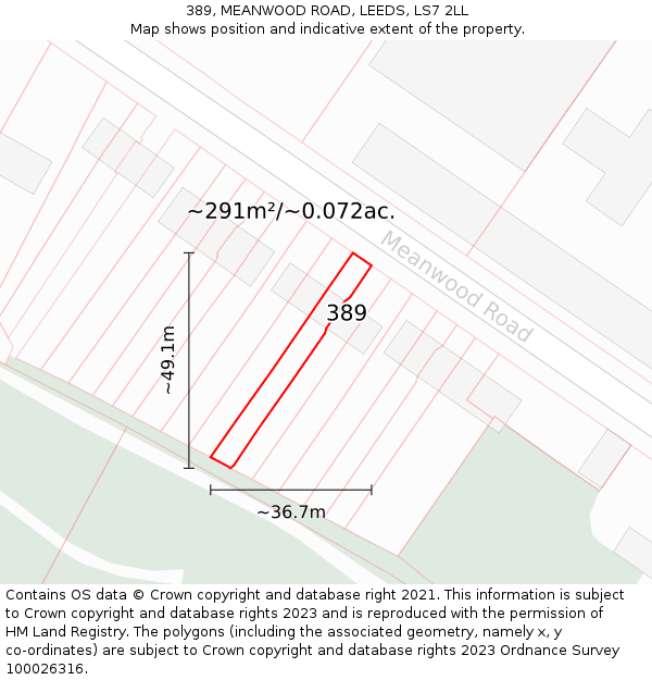 389, MEANWOOD ROAD, LEEDS, LS7 2LL: Plot and title map