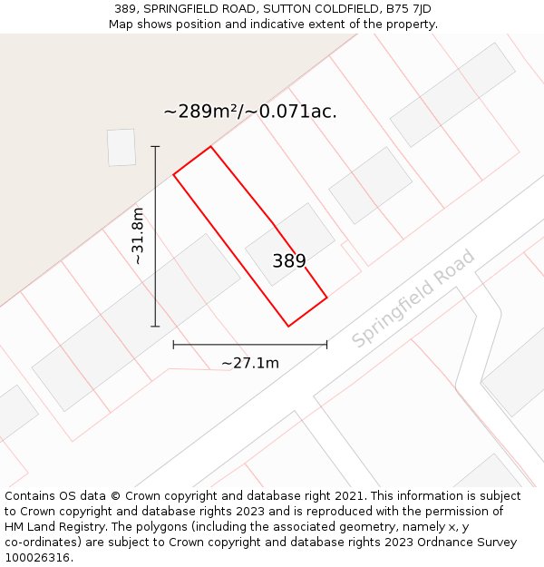 389, SPRINGFIELD ROAD, SUTTON COLDFIELD, B75 7JD: Plot and title map