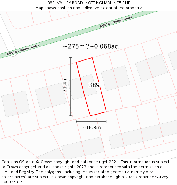 389, VALLEY ROAD, NOTTINGHAM, NG5 1HP: Plot and title map