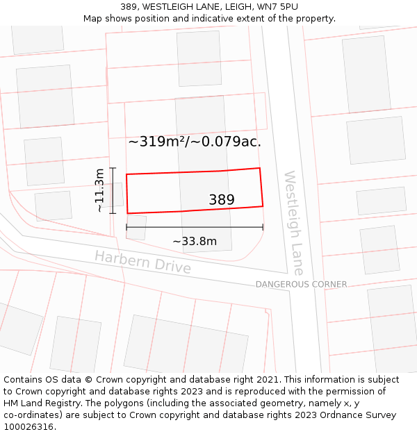 389, WESTLEIGH LANE, LEIGH, WN7 5PU: Plot and title map