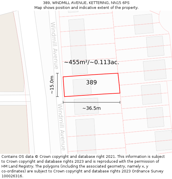 389, WINDMILL AVENUE, KETTERING, NN15 6PS: Plot and title map