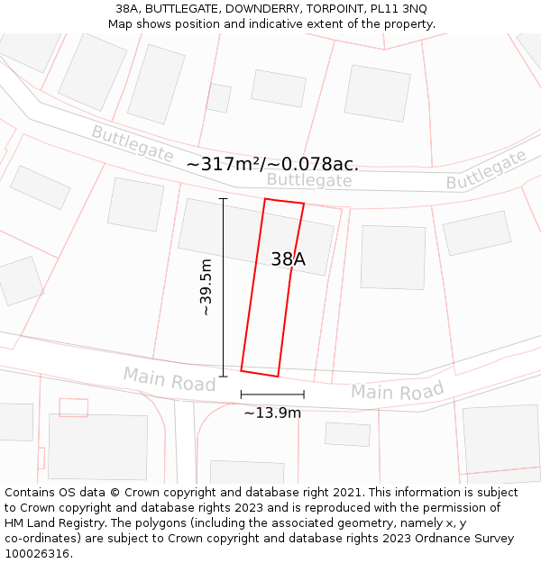 38A, BUTTLEGATE, DOWNDERRY, TORPOINT, PL11 3NQ: Plot and title map