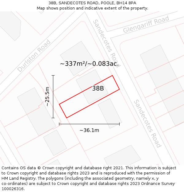 38B, SANDECOTES ROAD, POOLE, BH14 8PA: Plot and title map