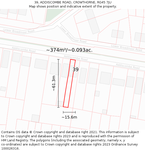 39, ADDISCOMBE ROAD, CROWTHORNE, RG45 7JU: Plot and title map
