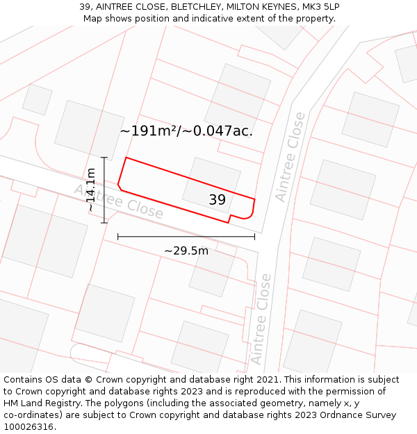 39, AINTREE CLOSE, BLETCHLEY, MILTON KEYNES, MK3 5LP: Plot and title map