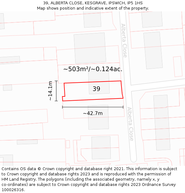 39, ALBERTA CLOSE, KESGRAVE, IPSWICH, IP5 1HS: Plot and title map