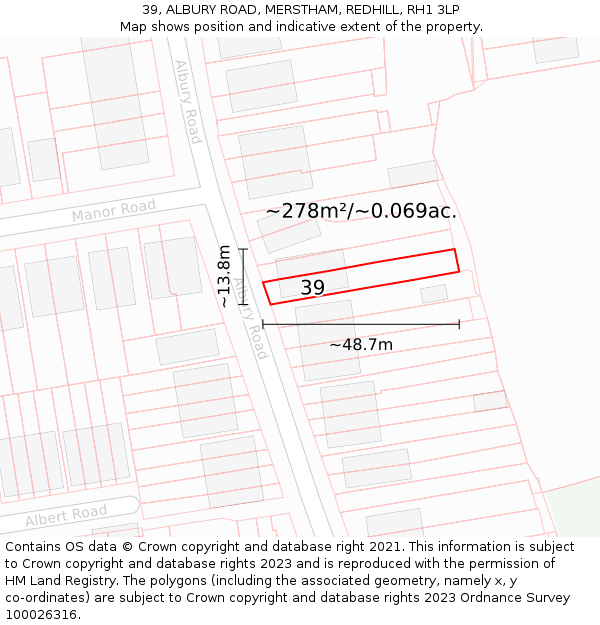 39, ALBURY ROAD, MERSTHAM, REDHILL, RH1 3LP: Plot and title map