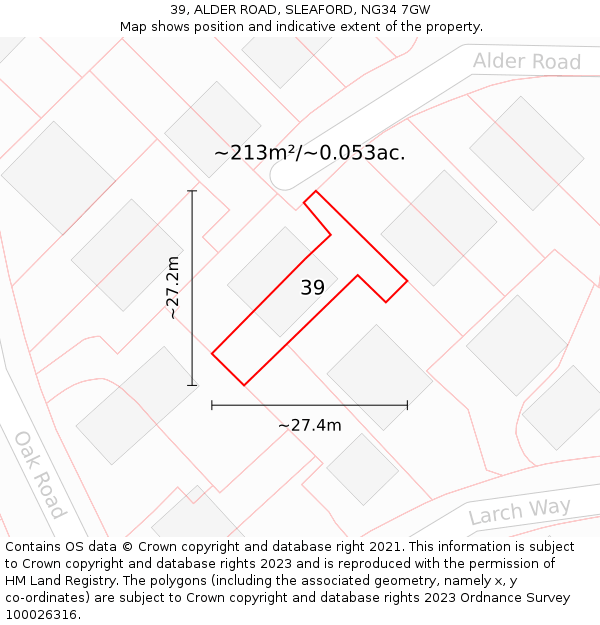 39, ALDER ROAD, SLEAFORD, NG34 7GW: Plot and title map
