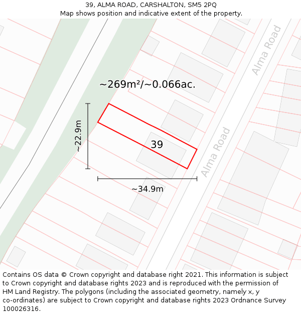 39, ALMA ROAD, CARSHALTON, SM5 2PQ: Plot and title map