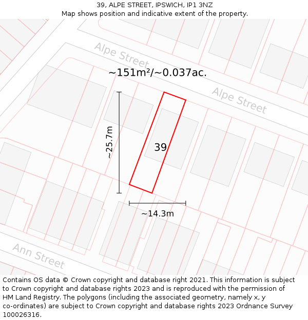 39, ALPE STREET, IPSWICH, IP1 3NZ: Plot and title map