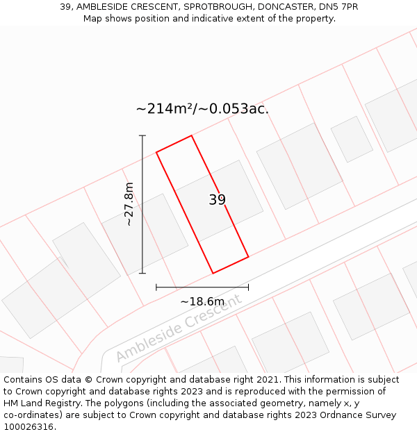 39, AMBLESIDE CRESCENT, SPROTBROUGH, DONCASTER, DN5 7PR: Plot and title map
