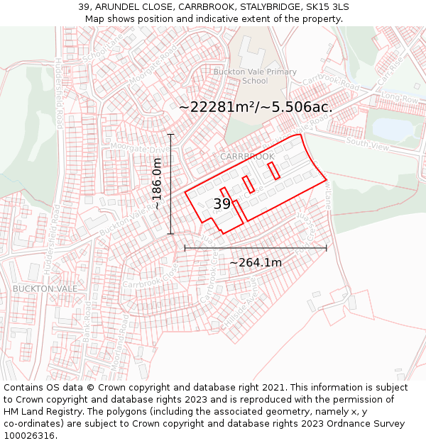 39, ARUNDEL CLOSE, CARRBROOK, STALYBRIDGE, SK15 3LS: Plot and title map