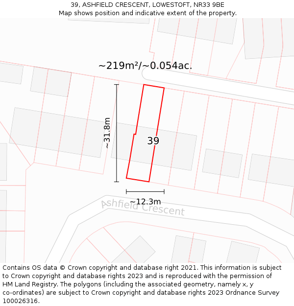 39, ASHFIELD CRESCENT, LOWESTOFT, NR33 9BE: Plot and title map
