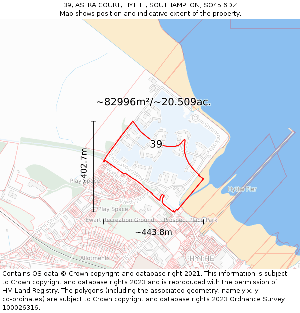 39, ASTRA COURT, HYTHE, SOUTHAMPTON, SO45 6DZ: Plot and title map
