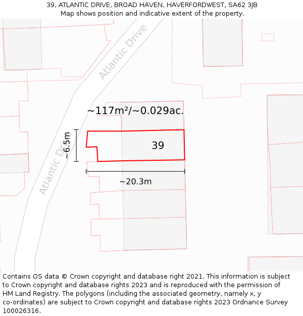 39, ATLANTIC DRIVE, BROAD HAVEN, HAVERFORDWEST, SA62 3JB: Plot and title map