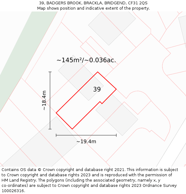 39, BADGERS BROOK, BRACKLA, BRIDGEND, CF31 2QS: Plot and title map