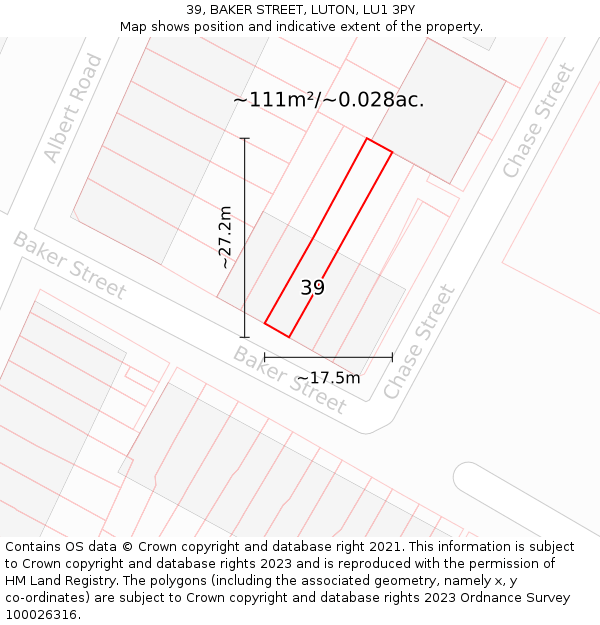 39, BAKER STREET, LUTON, LU1 3PY: Plot and title map