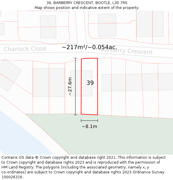 39, BARBERRY CRESCENT, BOOTLE, L30 7RS: Plot and title map