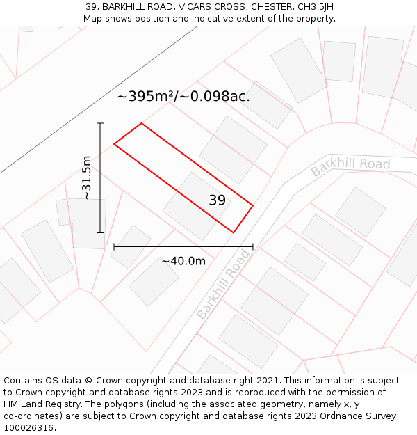 39, BARKHILL ROAD, VICARS CROSS, CHESTER, CH3 5JH: Plot and title map