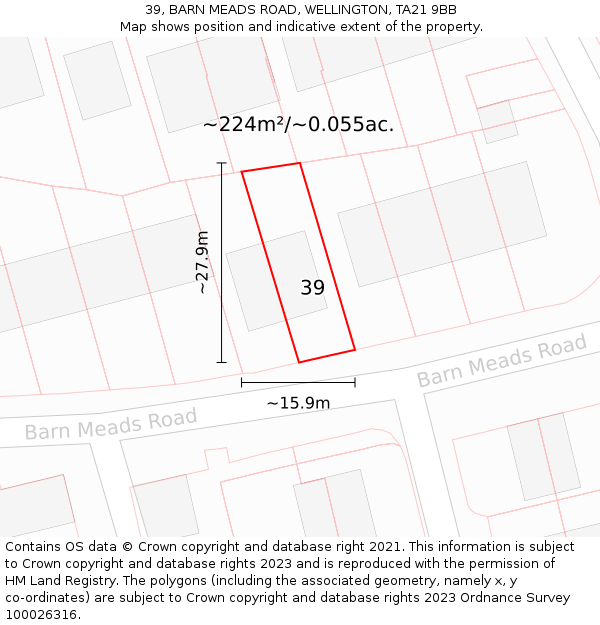 39, BARN MEADS ROAD, WELLINGTON, TA21 9BB: Plot and title map