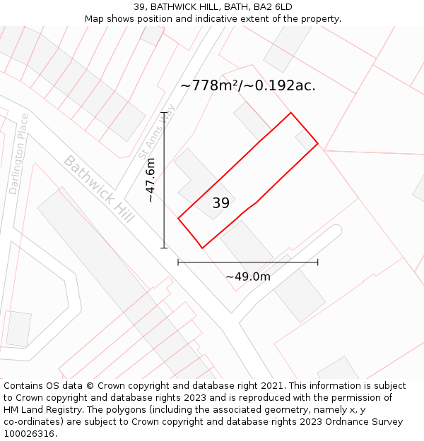 39, BATHWICK HILL, BATH, BA2 6LD: Plot and title map