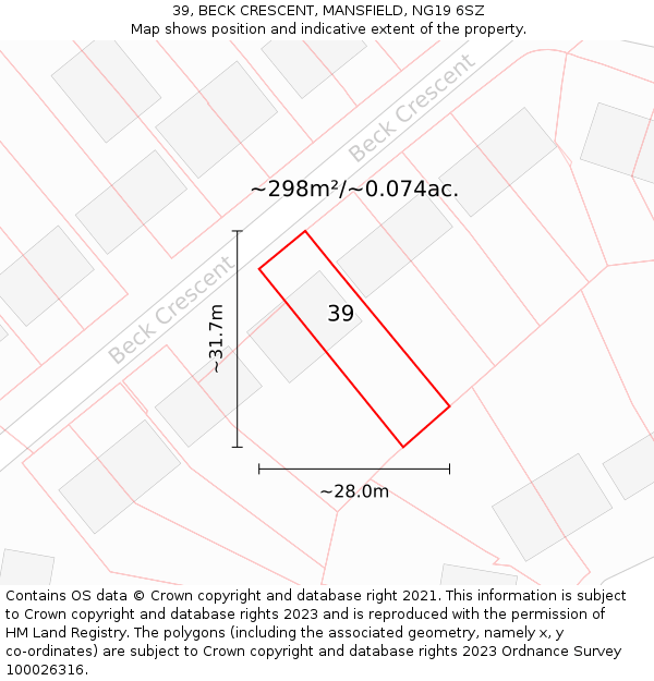 39, BECK CRESCENT, MANSFIELD, NG19 6SZ: Plot and title map