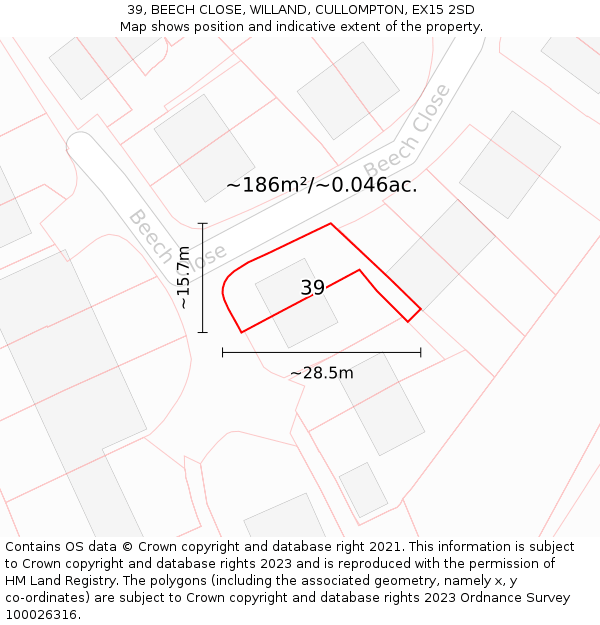 39, BEECH CLOSE, WILLAND, CULLOMPTON, EX15 2SD: Plot and title map