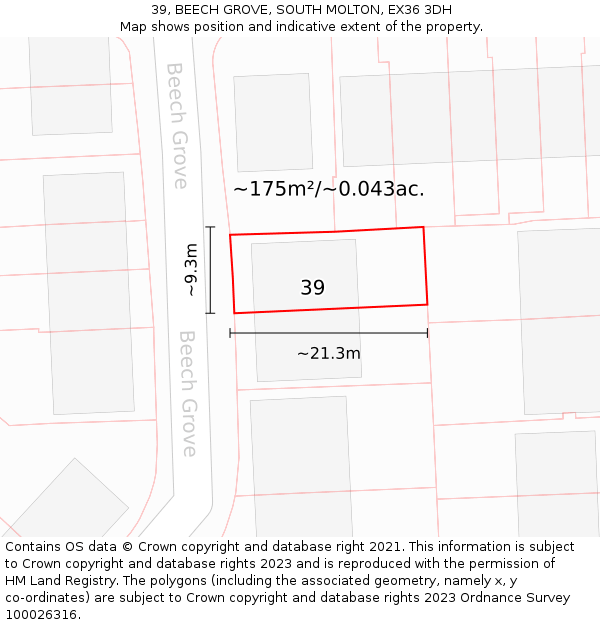 39, BEECH GROVE, SOUTH MOLTON, EX36 3DH: Plot and title map